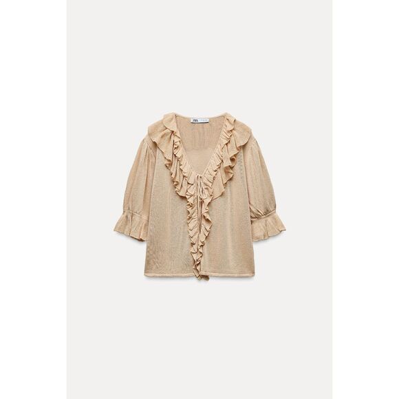 Beige Zara Ruffle Tie-String Front Lightweight Knit Cardigan Sweater (NWT) - Picture 1 of 5